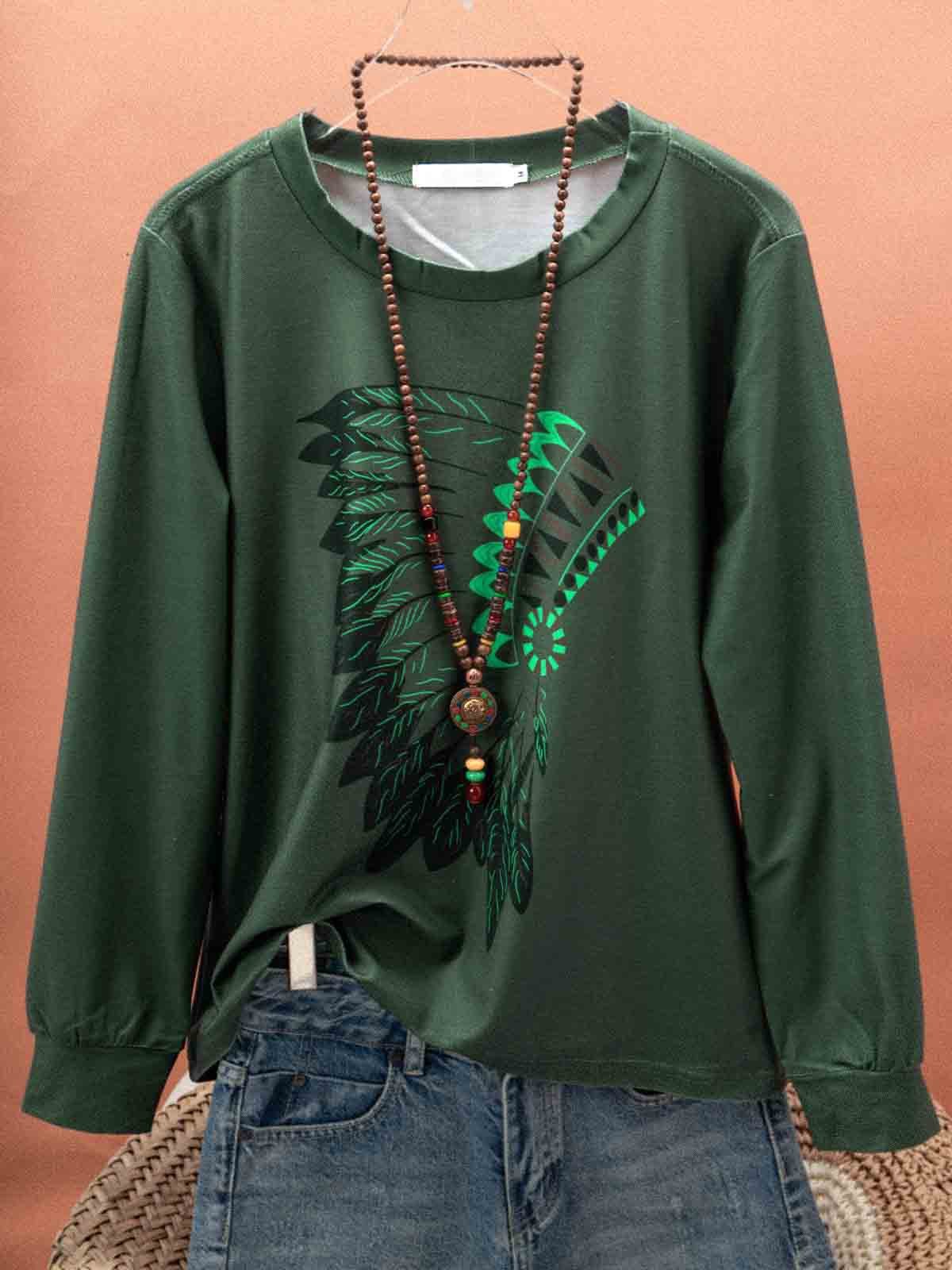 Round Neck Cotton-Blend Long Sleeve Color-Block Shirts & Tops