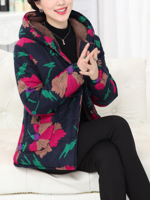 Vintage Cotton Floral Printed Patchwork Hoodie Coat