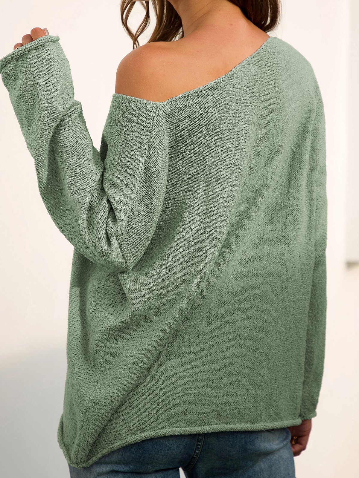 Long Sleeve V Neck Plain Casual Sweaters