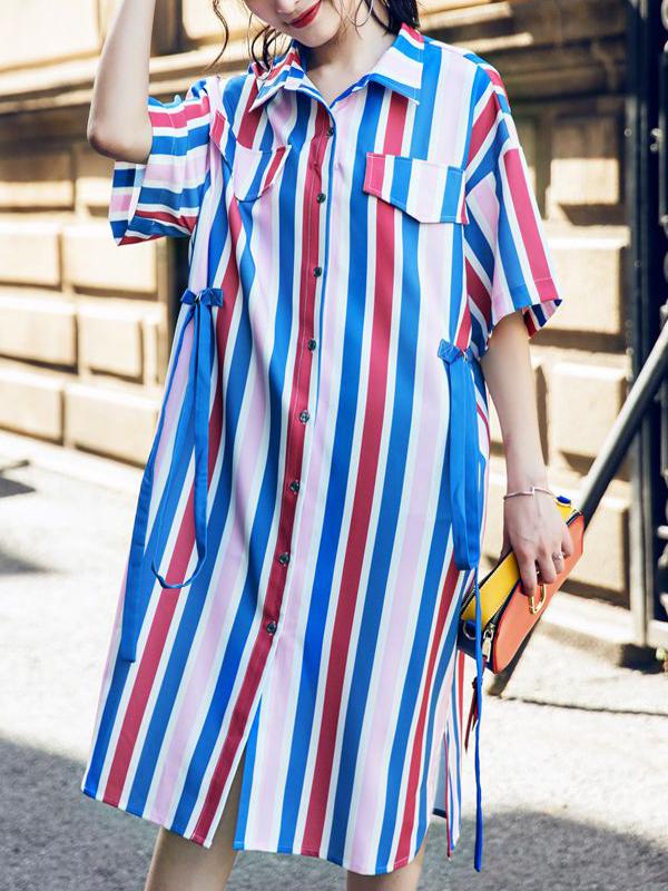 Rainbow Stripes Casual Buttoned Shift Dress