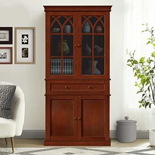 China Cabinet w/ Tempered Galss Doors, Linen Drawer & Adjustable Shelf