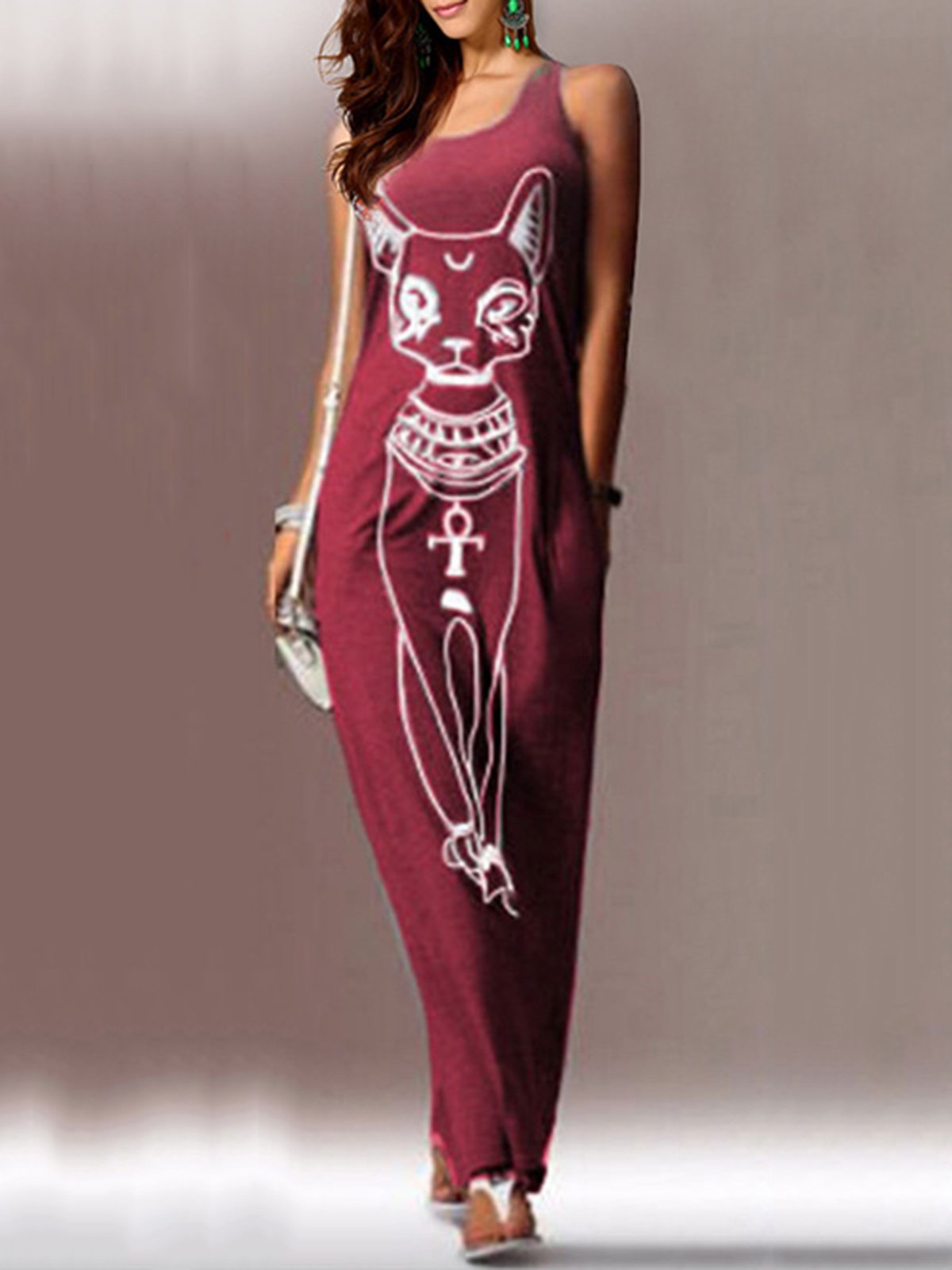 Casual A-line Cats Pockets Sleeveless Plus Size Maxi Dress