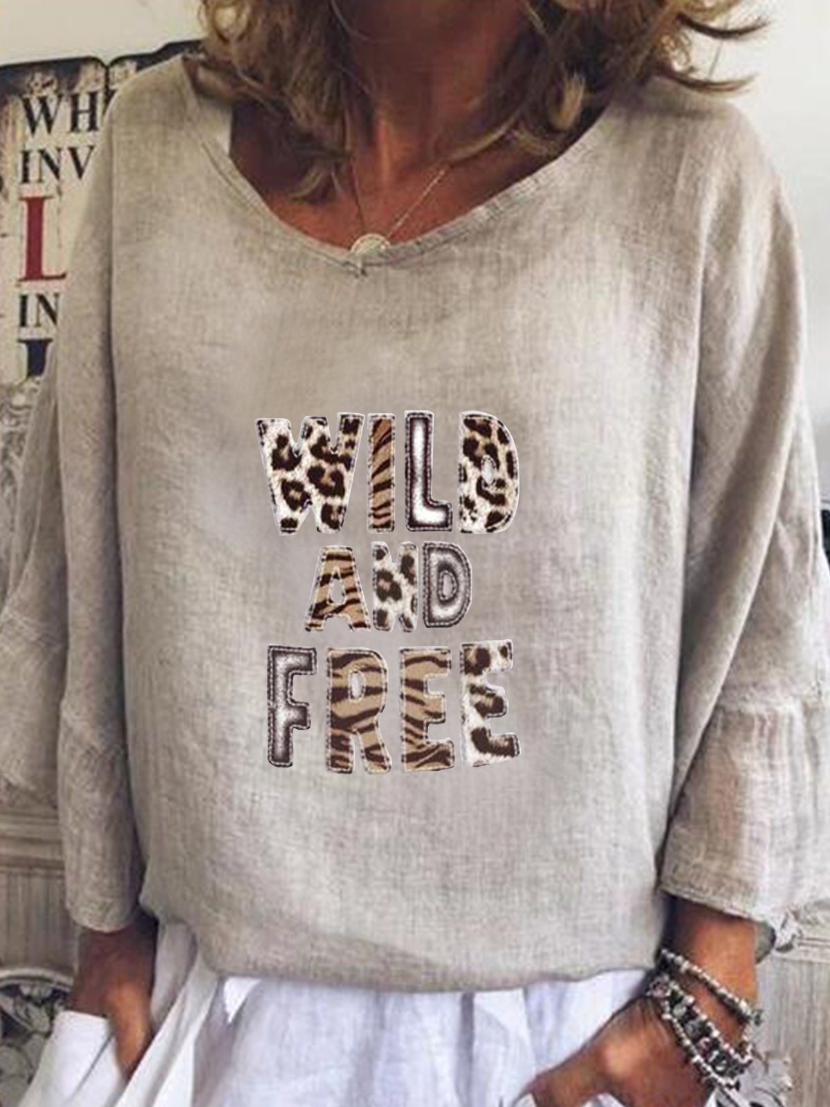 Gray Casual Round Neck Cotton-Blend Printed Shirts & Tops