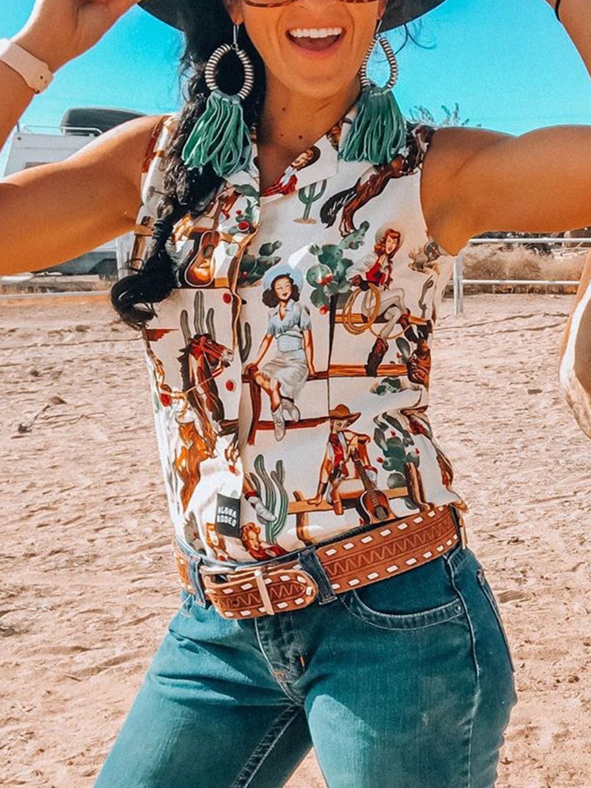 Vintage Sleeveless Boho Cactus Geometric Printed Plus Size Casual Vest Tops