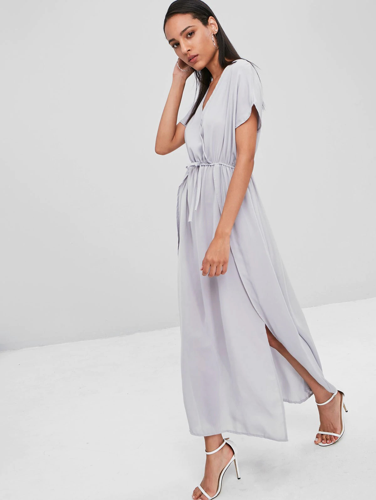 Crossover Double Slit Maxi Dress - Gray