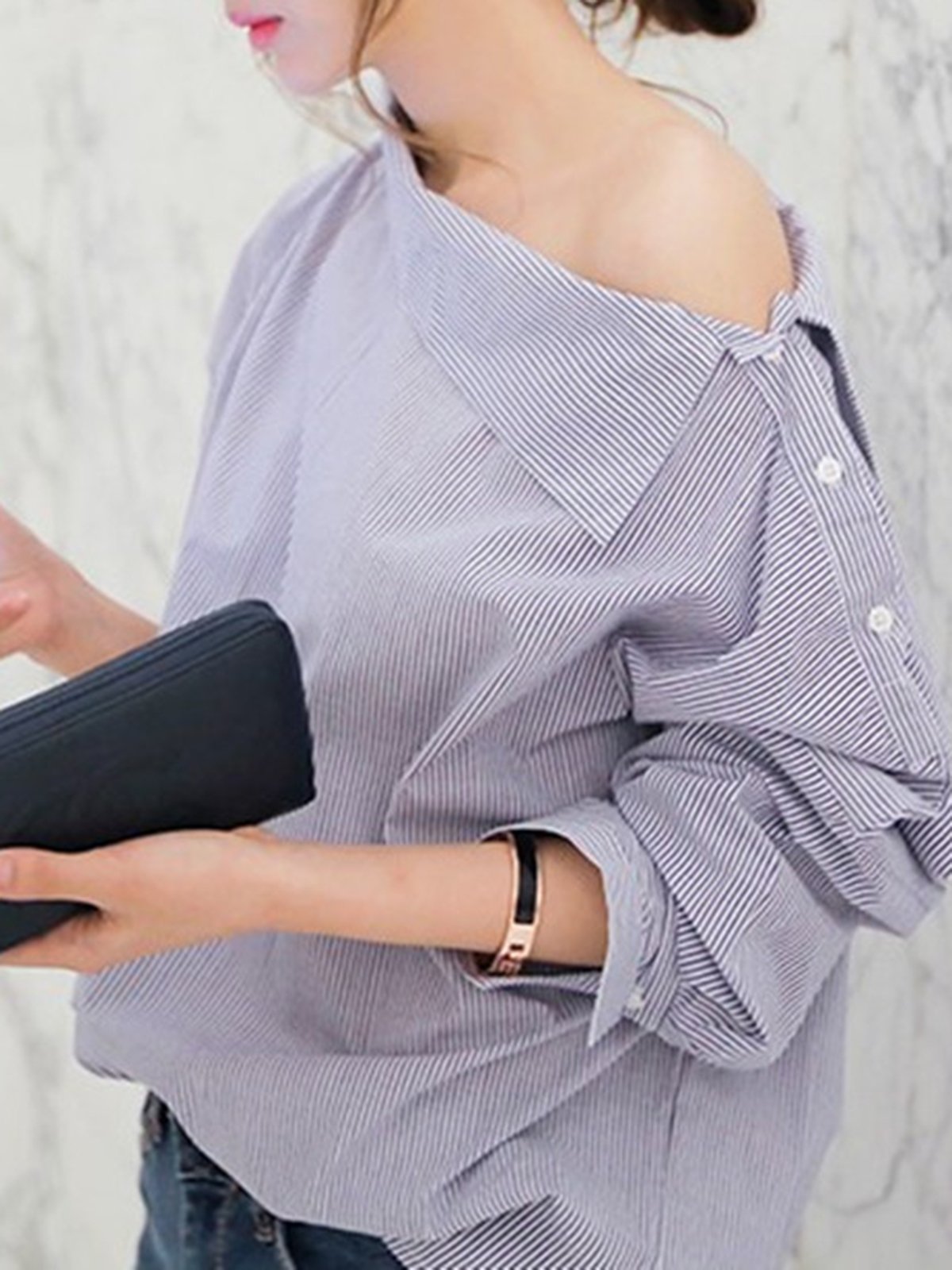 Buttoned Stripes Long Sleeve Slash Neck Casual Blouse