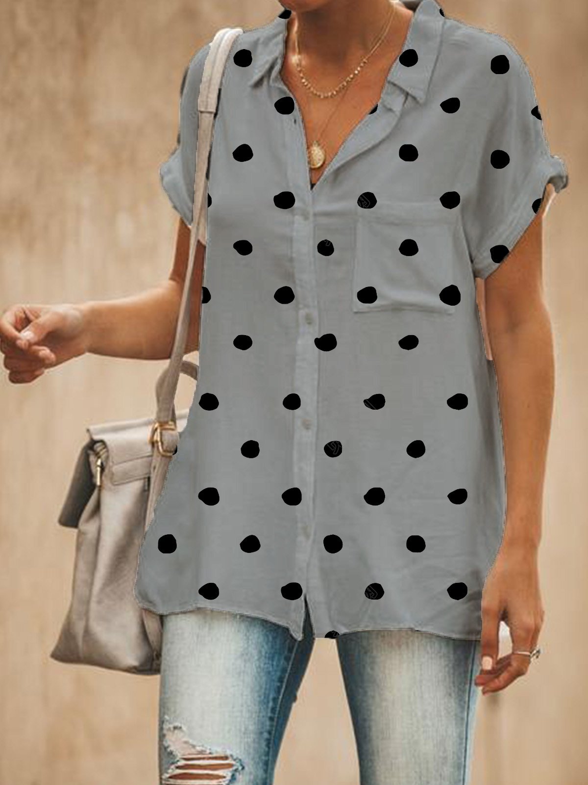 Women Casual Relaxed Fit Polka Dots Button Down Shirt