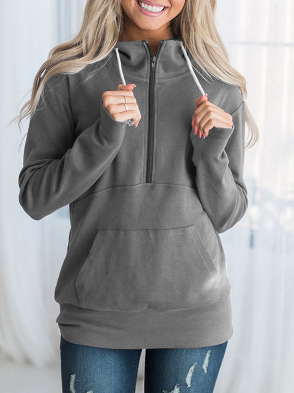 Long Sleeve Casual Zipper Solid Plus Size Hoodies