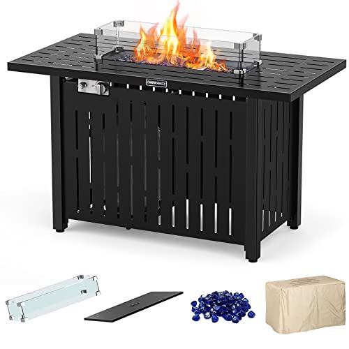 EMBRANGE 43-inch Propane Gas Fire Pit Table, Pulse Ignition 50,000BTU CSA Certification Rectangle Firepit Table with Glass Wind Guard Fire Glass Metal Lid and Cover for Outside