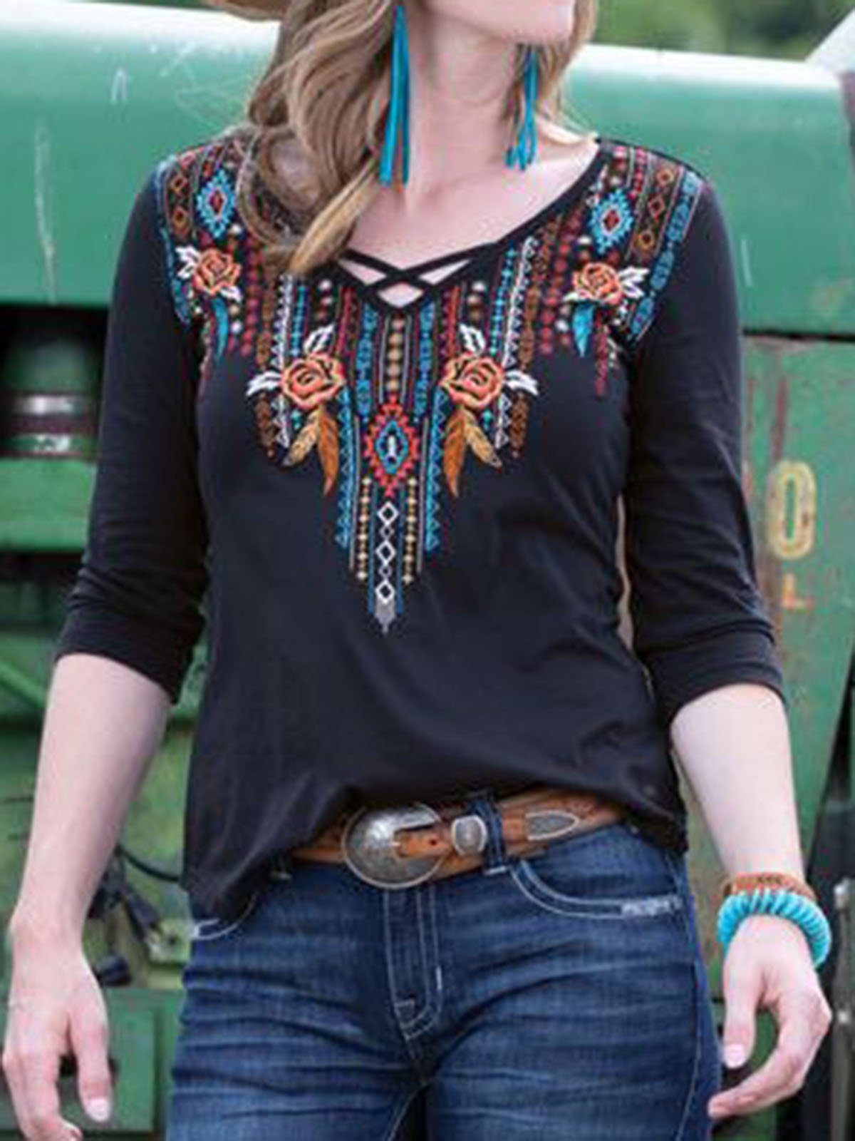 Embroidered Long Sleeve Floral V Neck Shirts & Tops