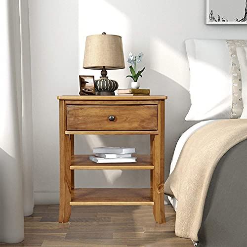 Rustic Wood 3-Tier Nightstand w/ Storage Shelf & Drawer for Bedroom&Living Room
