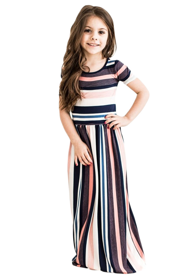 Coral Multicolor Striped Baby Girl Maxi Dress