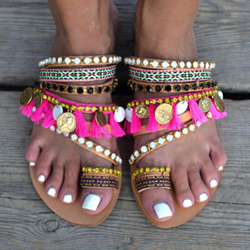 Handmade Women Sandals Tassel Flat Holiday Sandals with Beading