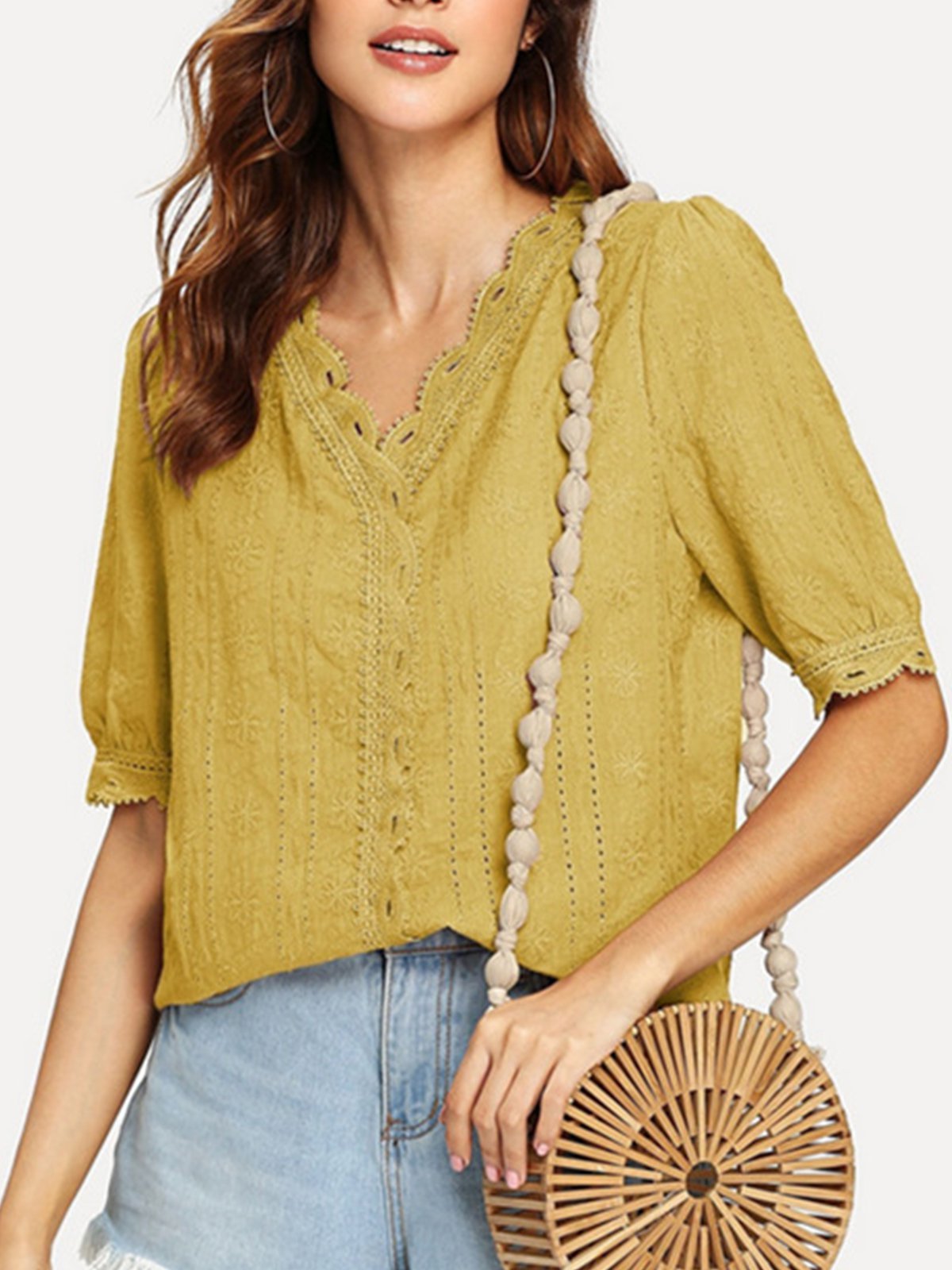 V Neck Half Sleeve Embroidered Shirts & Tops