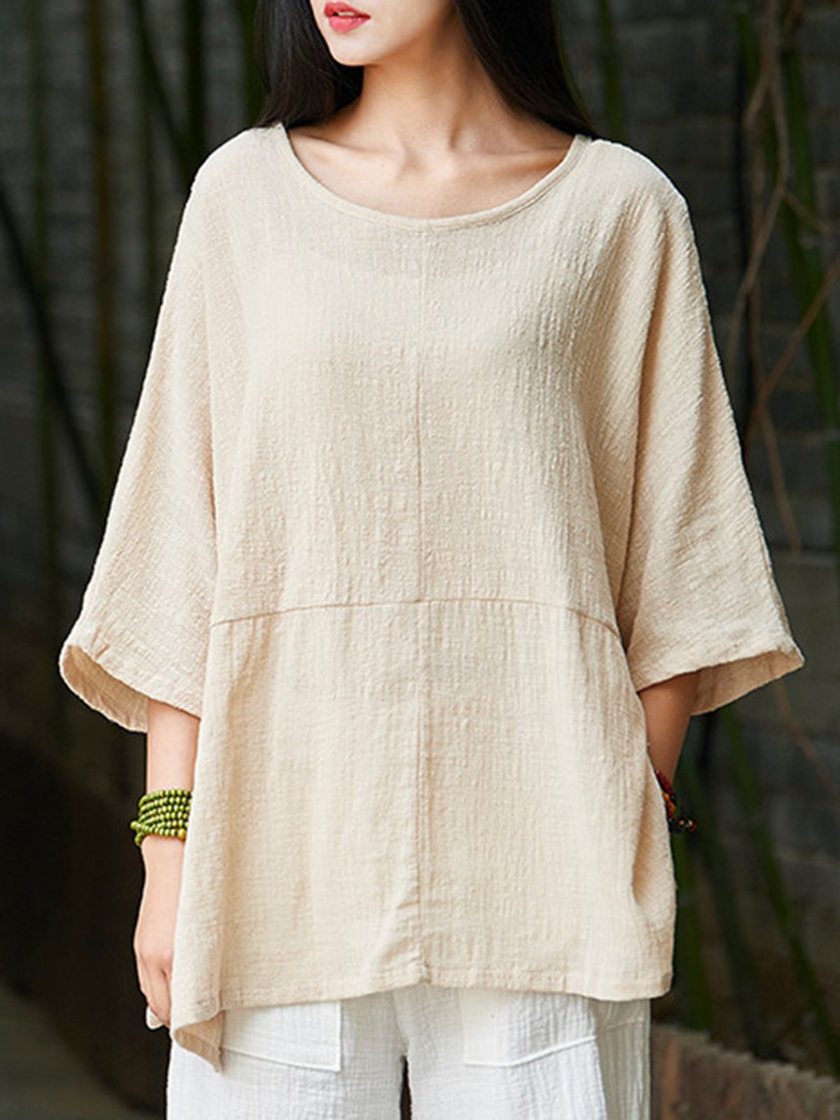 Cotton Linen Paneled Casual T-Shirt