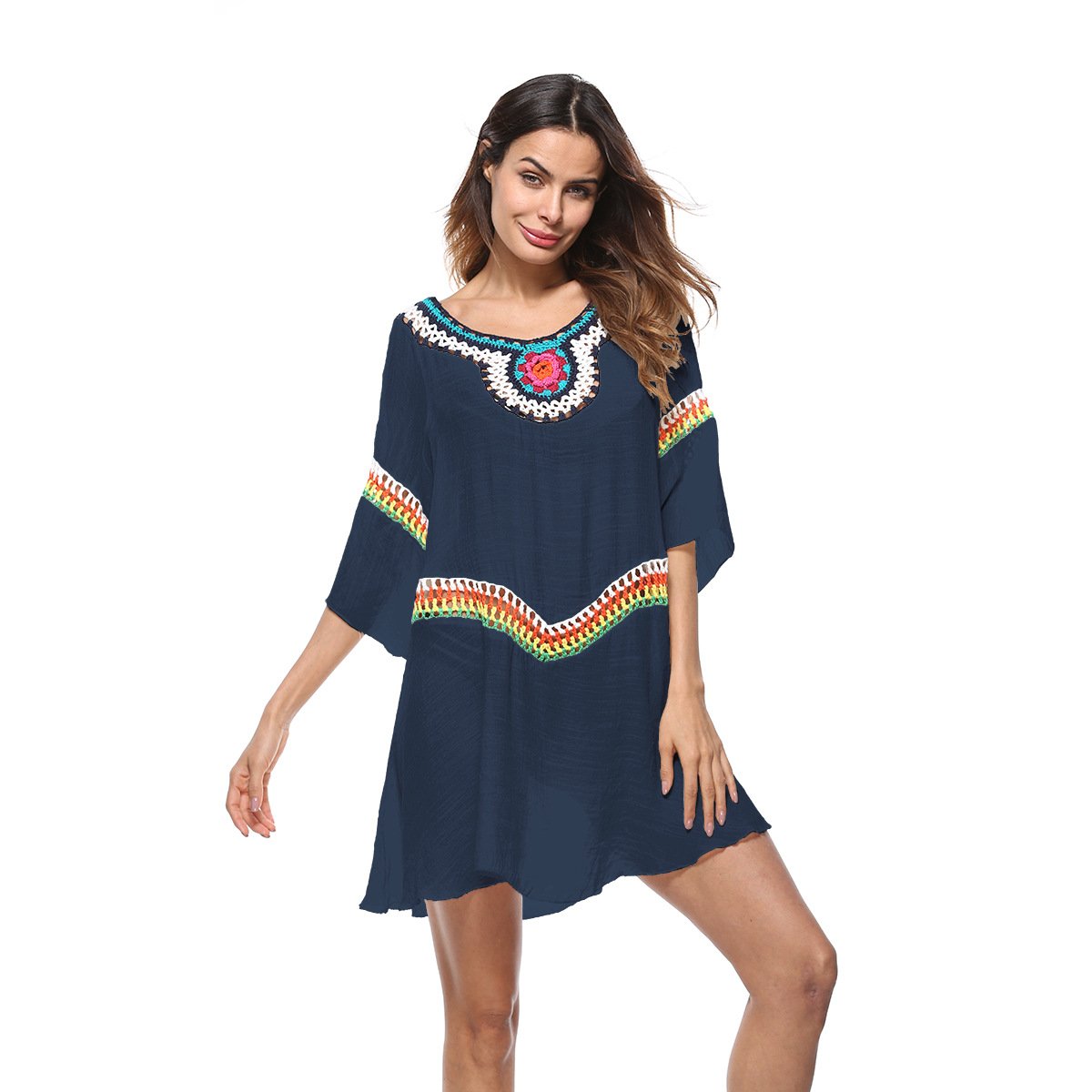 Loose Casual Beach Hollow Out White O Neck Boho Mini Dresses