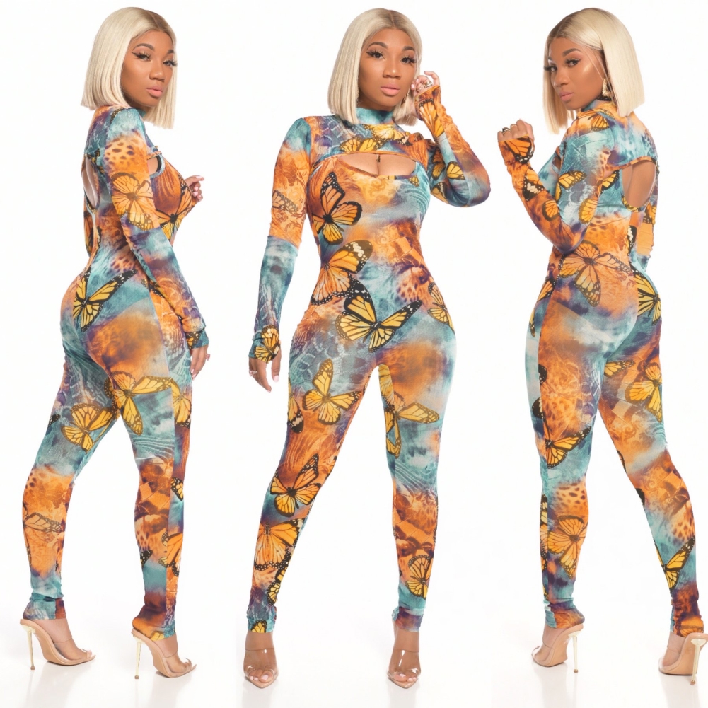 Butterfly Print Sexy Long Sleeve Bodycon Jumpsuit