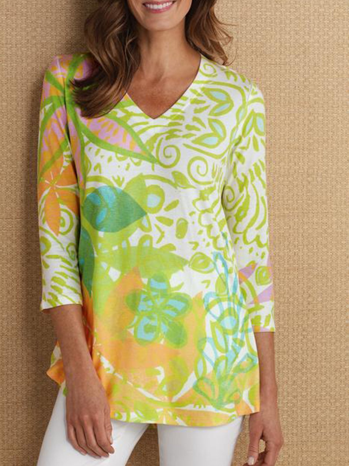 3/4 Sleeve Printed Casual V Neck T-Shirts