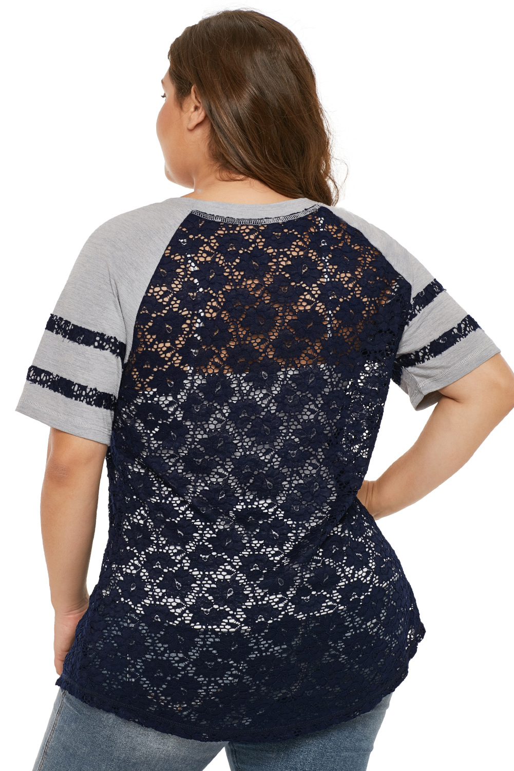 Blue Lace Panel Raglan Sleeve Plus Size T-shirt