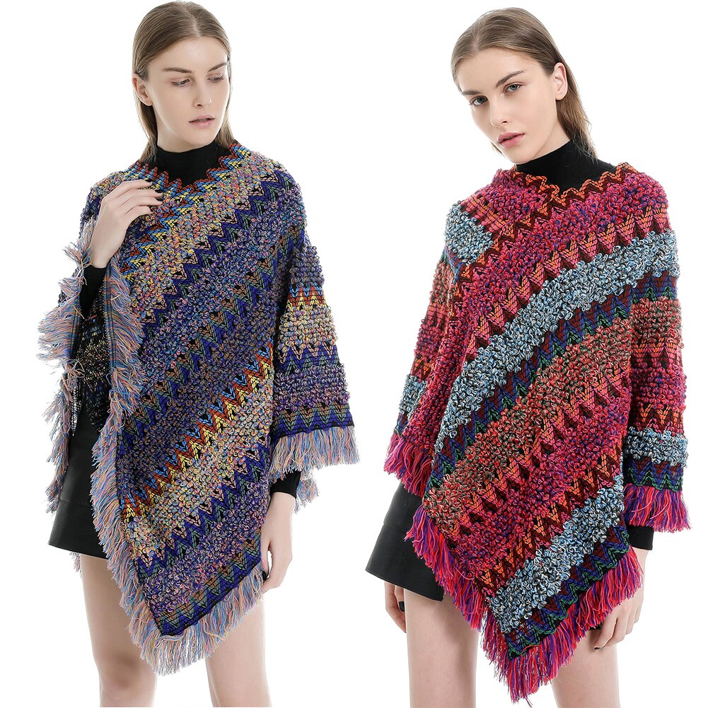 Womens Stripe Knitted Cape with Tassels Scarves
