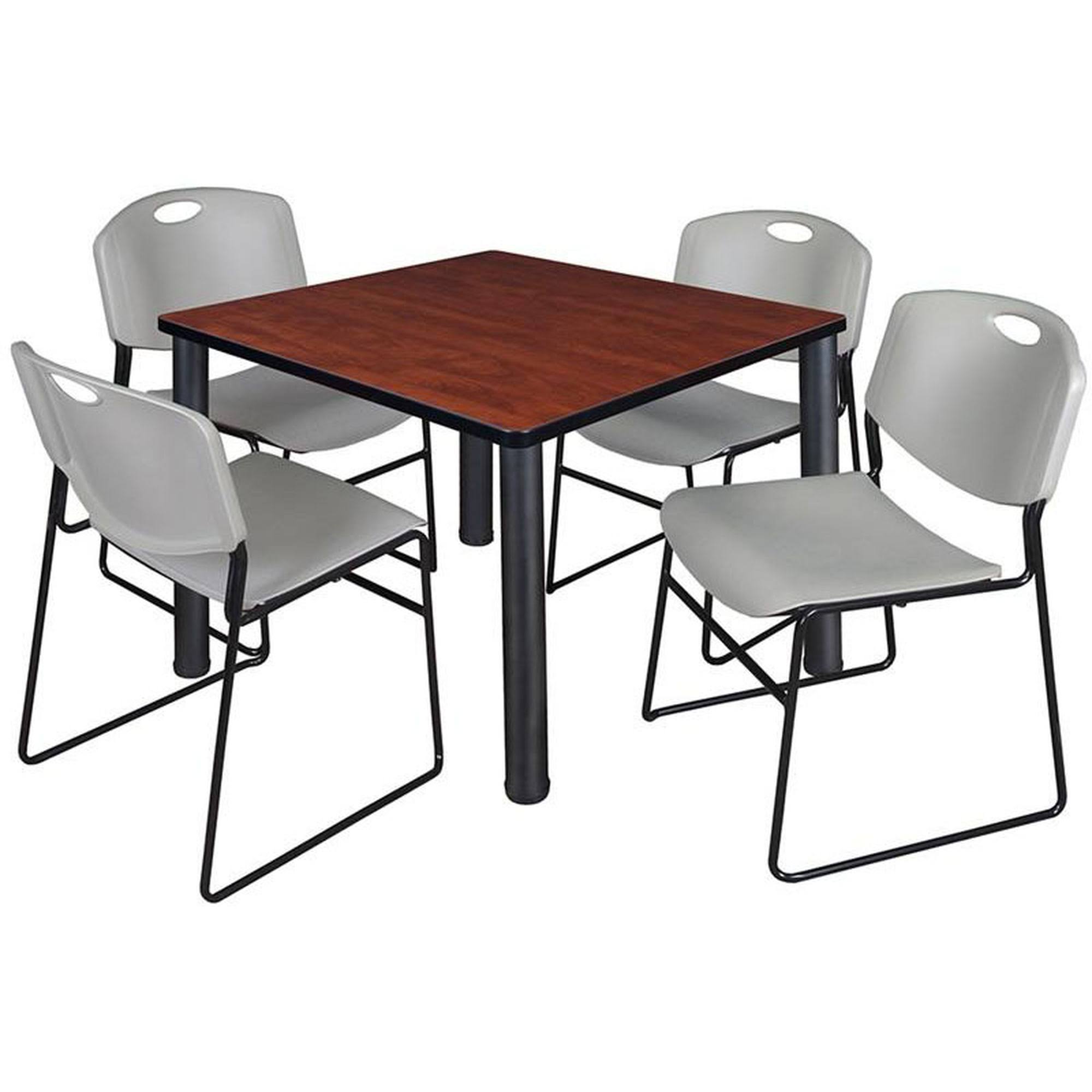 Regency TB4242CHBPBK44GY 42 in. Kee Square Breakroom Table - Cherry Black 4 Zeng Stack Chairs - Grey