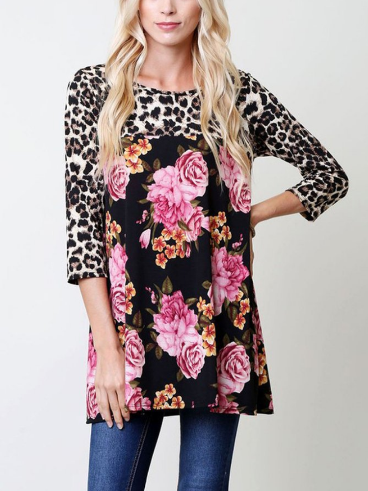 Leopard-Print Cotton-Blend Floral Long Sleeve T-Shirts
