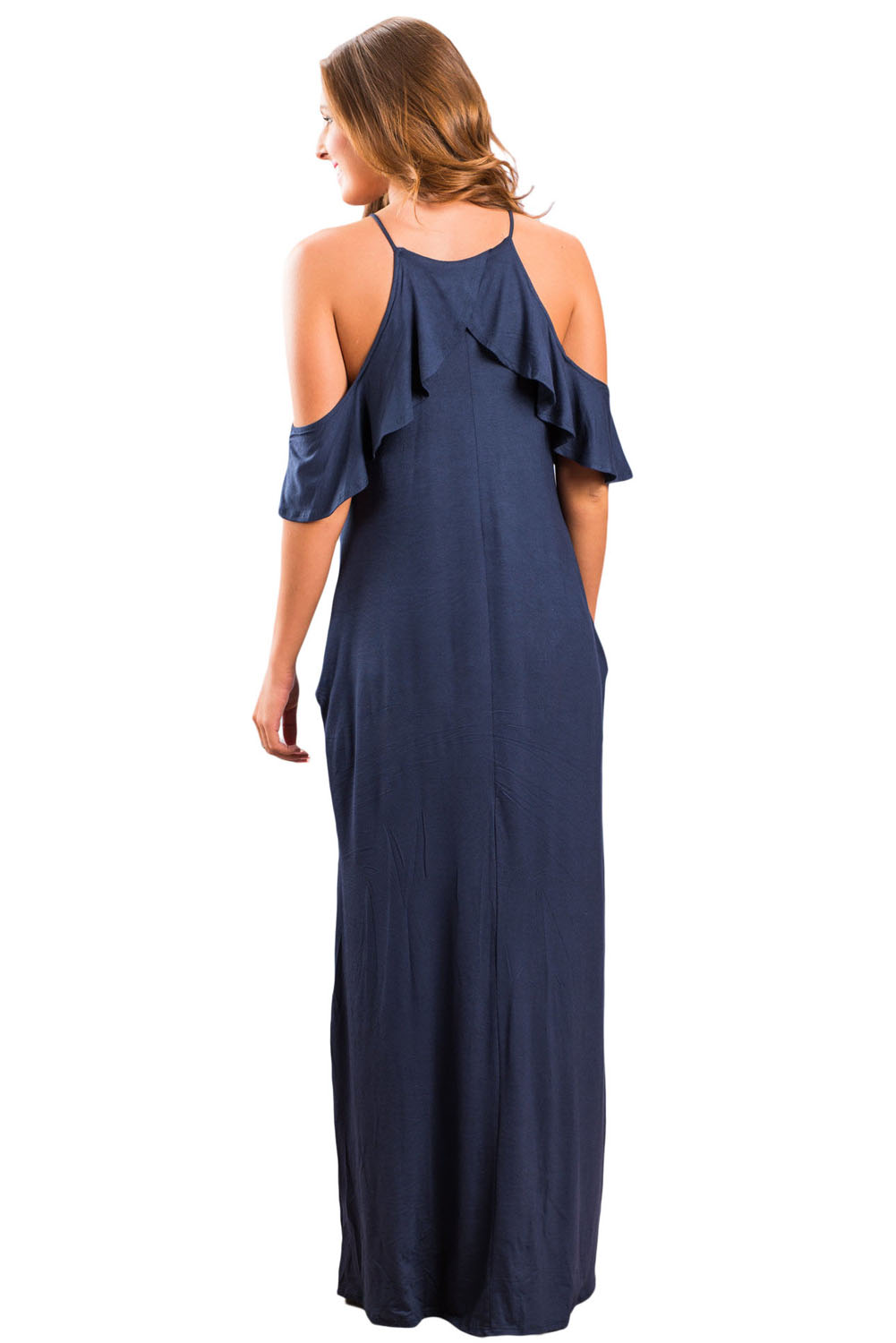 Navy Blue Ruffle Sleeve Cold Shoulder Maxi Dress