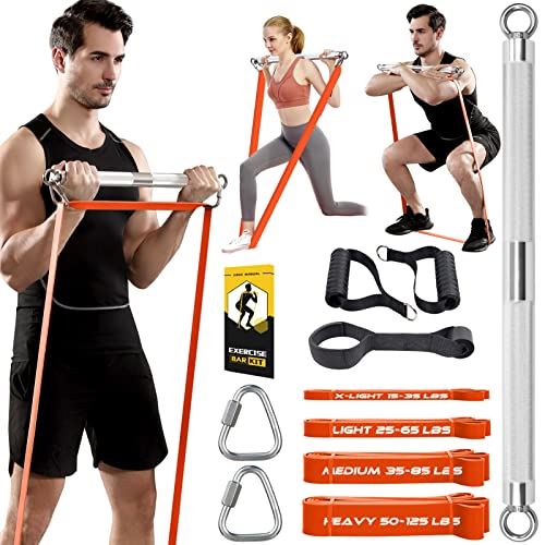 TESLANG Resistance Band Bar, 500 LBS Load Strength Training Bar with 4 Heavy Resistance Bands with Bar for Chest Press Deadlift Squats Curl- Orange
