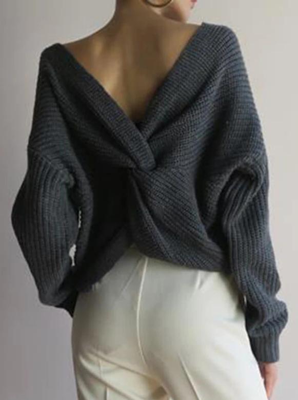 Women's Fashion Boat Neck Bare Back Long Sleeve Sweater