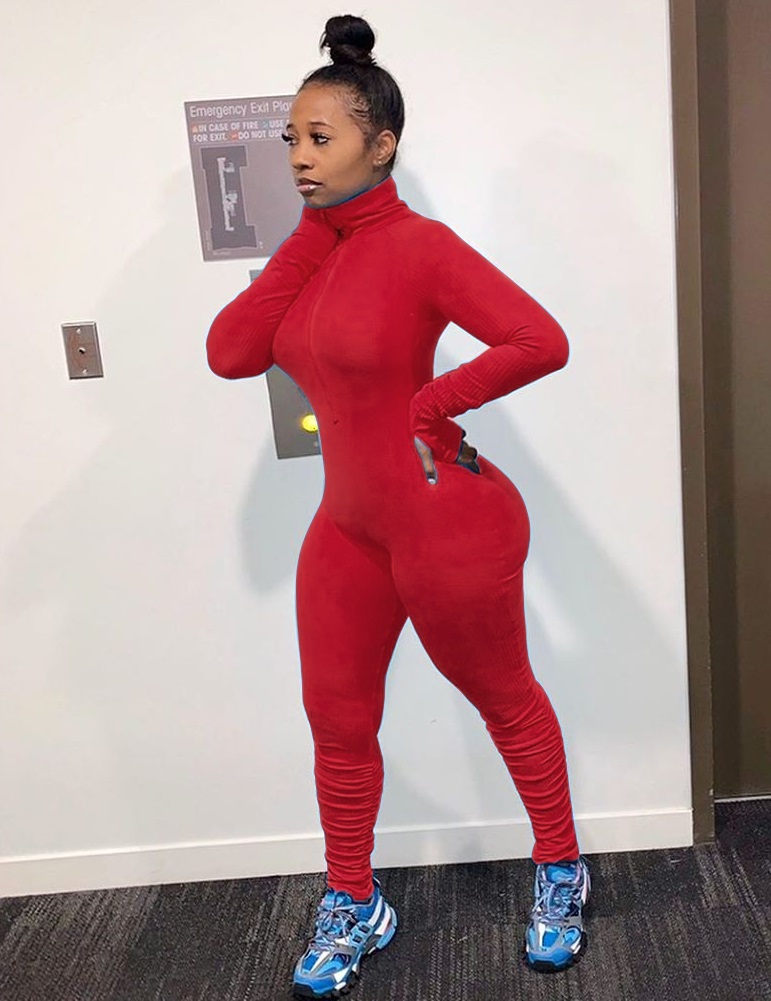 Autumn Sports Fitness Turtleneck Plain Stacked Jumpsuit
