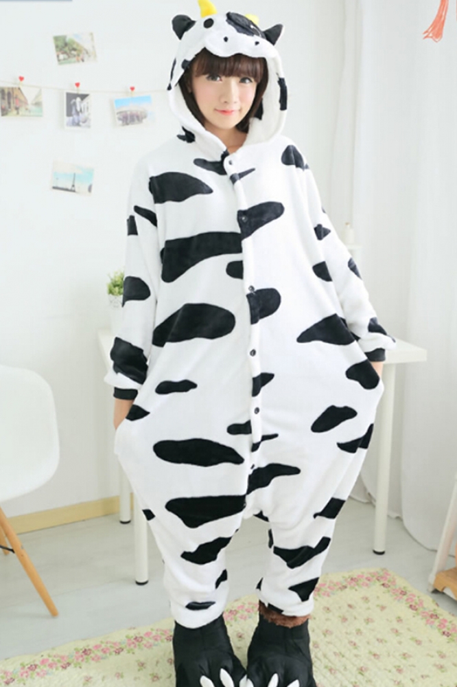 White Delicate Ladies Flannel Pajamas Cow Halloween Jumpsuit Costume