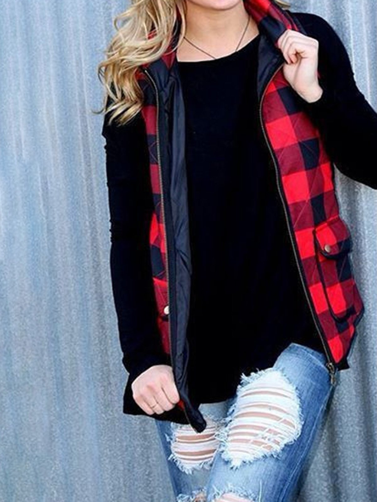 Stand Collar Casual Gingham Sleeveless Zipper Outerwear