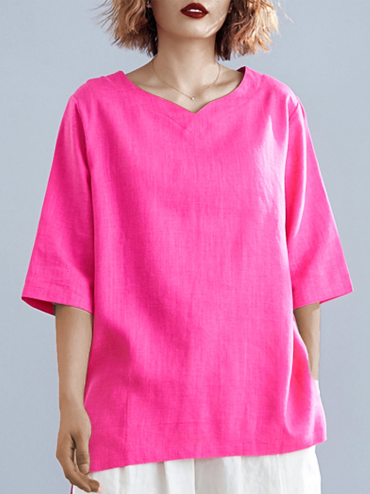 Plus Size Women Solid V Neck Half Sleeves Loose Casual Tops