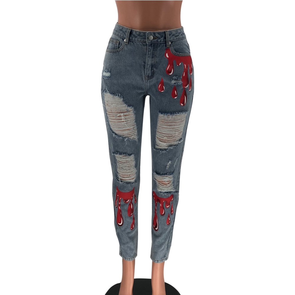 Stylish Blue Print Ripped Damage Jeans