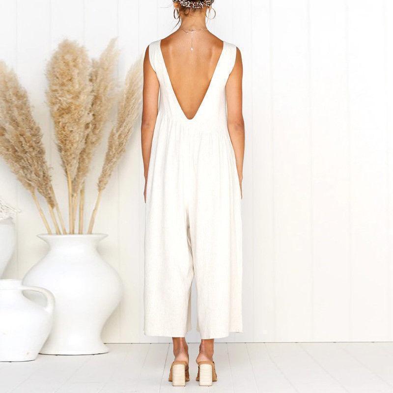 Casual Round Collar Plain Loose Sleeveless Jumpsuit