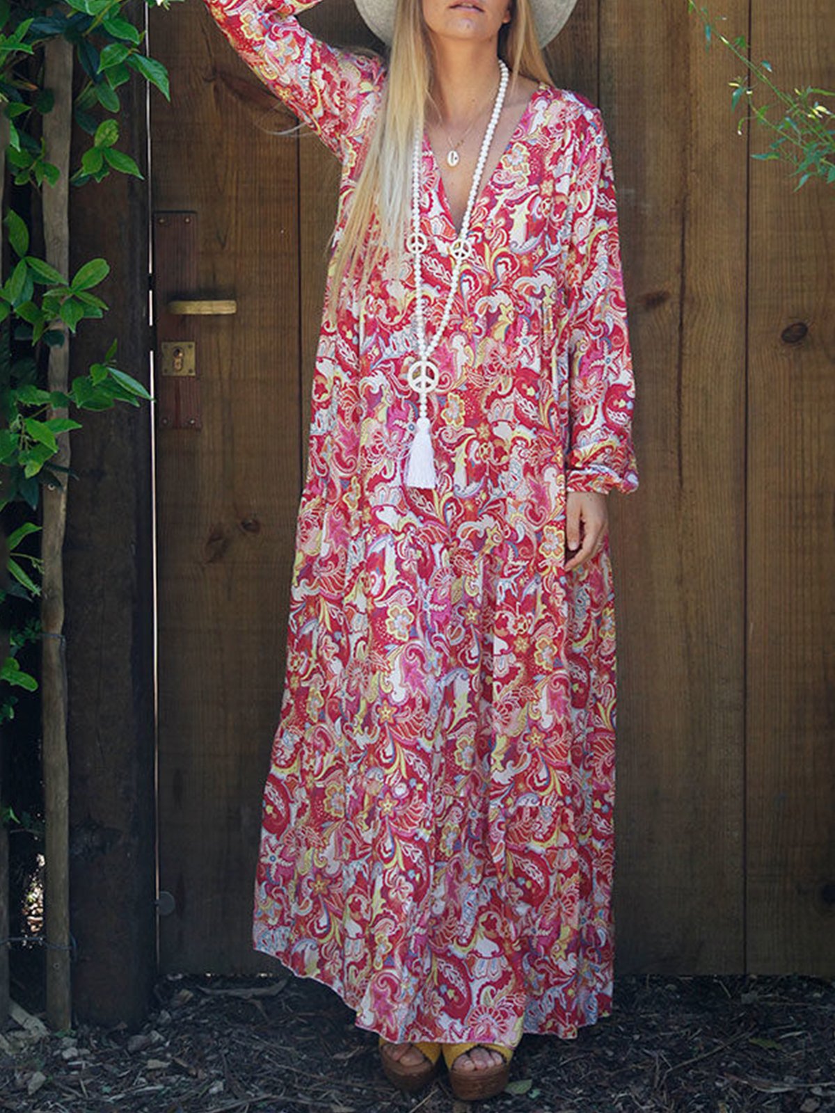 Printed/dyed Casual Cotton V Neck Dresses