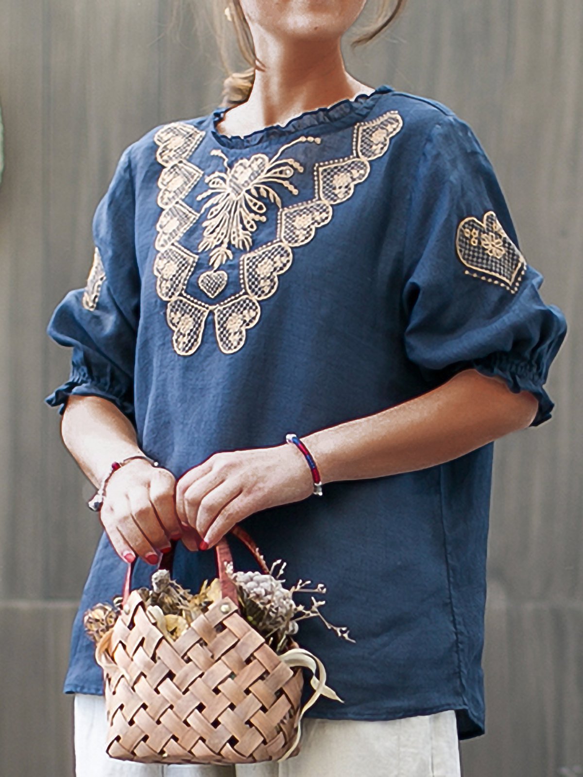 Women Embroidered Loose Lantern Sleeve  Casual Top