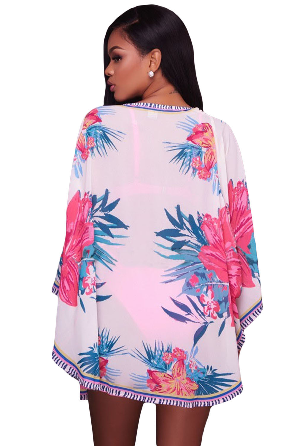 White Lotus Floral Chiffon Kimono Beach Cover