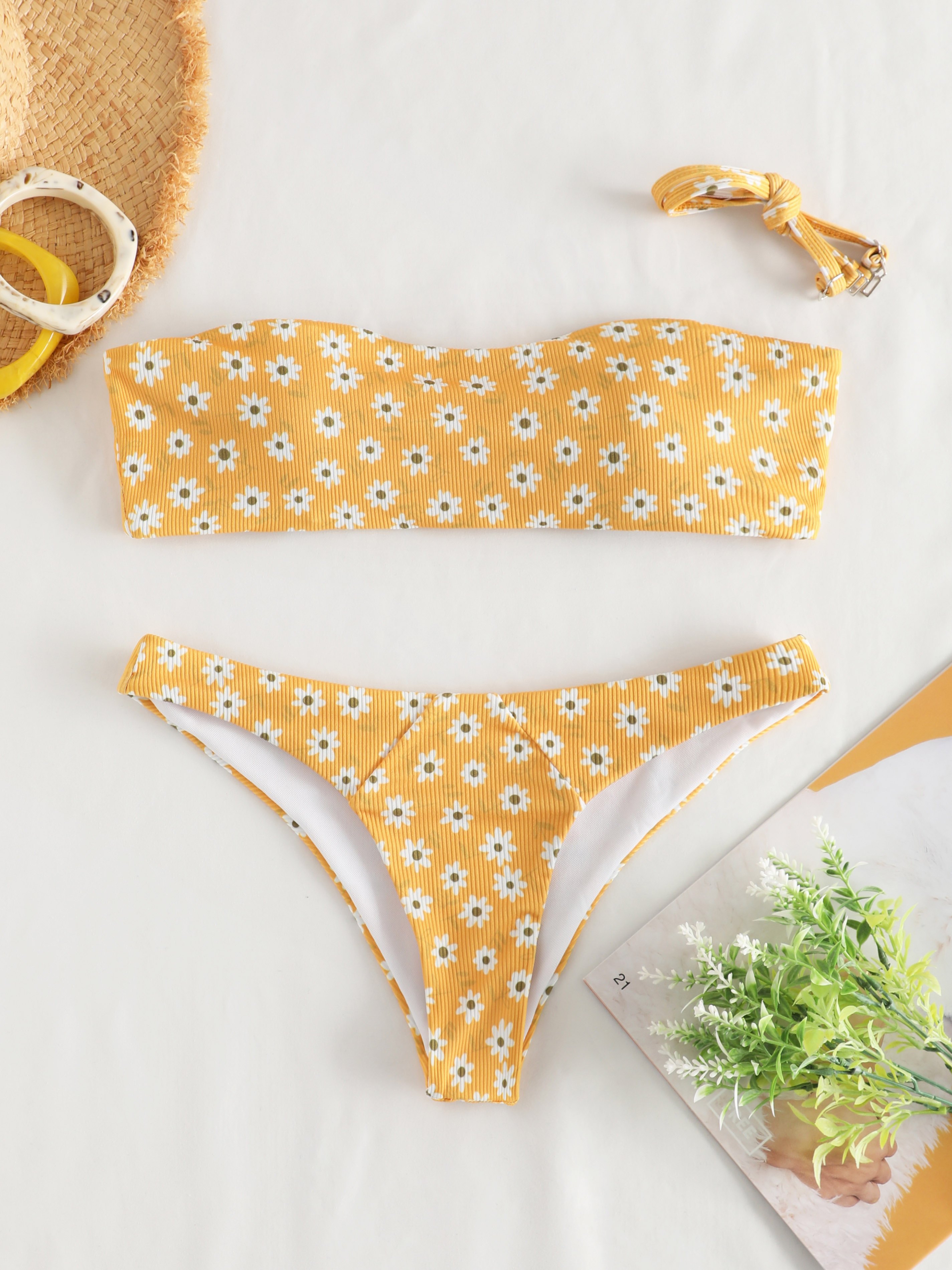 Ribbed Daisy Print Bandeau Bikini