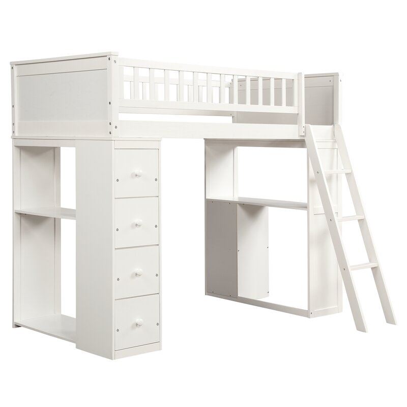 Ethaniel Twin Over Twin 4 Drawer Solid Wood L-Shaped Bunk Beds with Bookcase by Harriet Bee