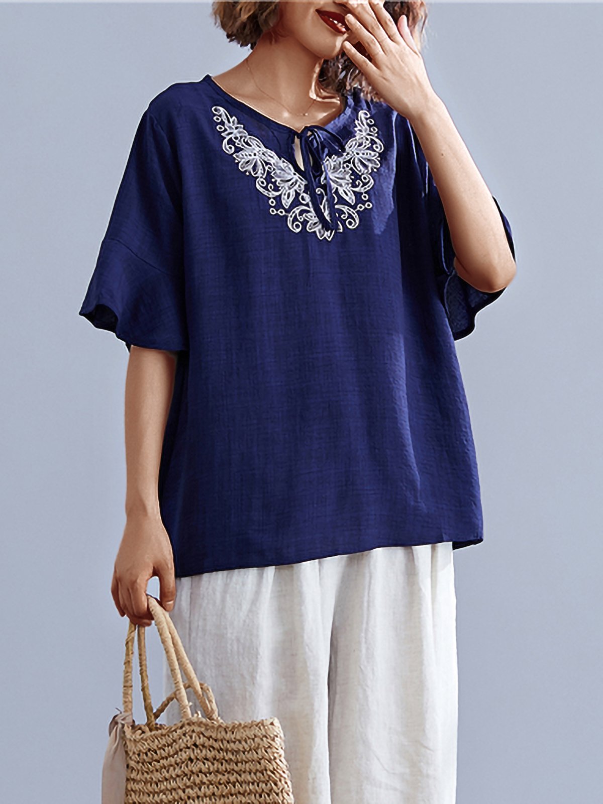 Plus Size Women Short Sleeve Round Neck Vintage Floral Casual Tops