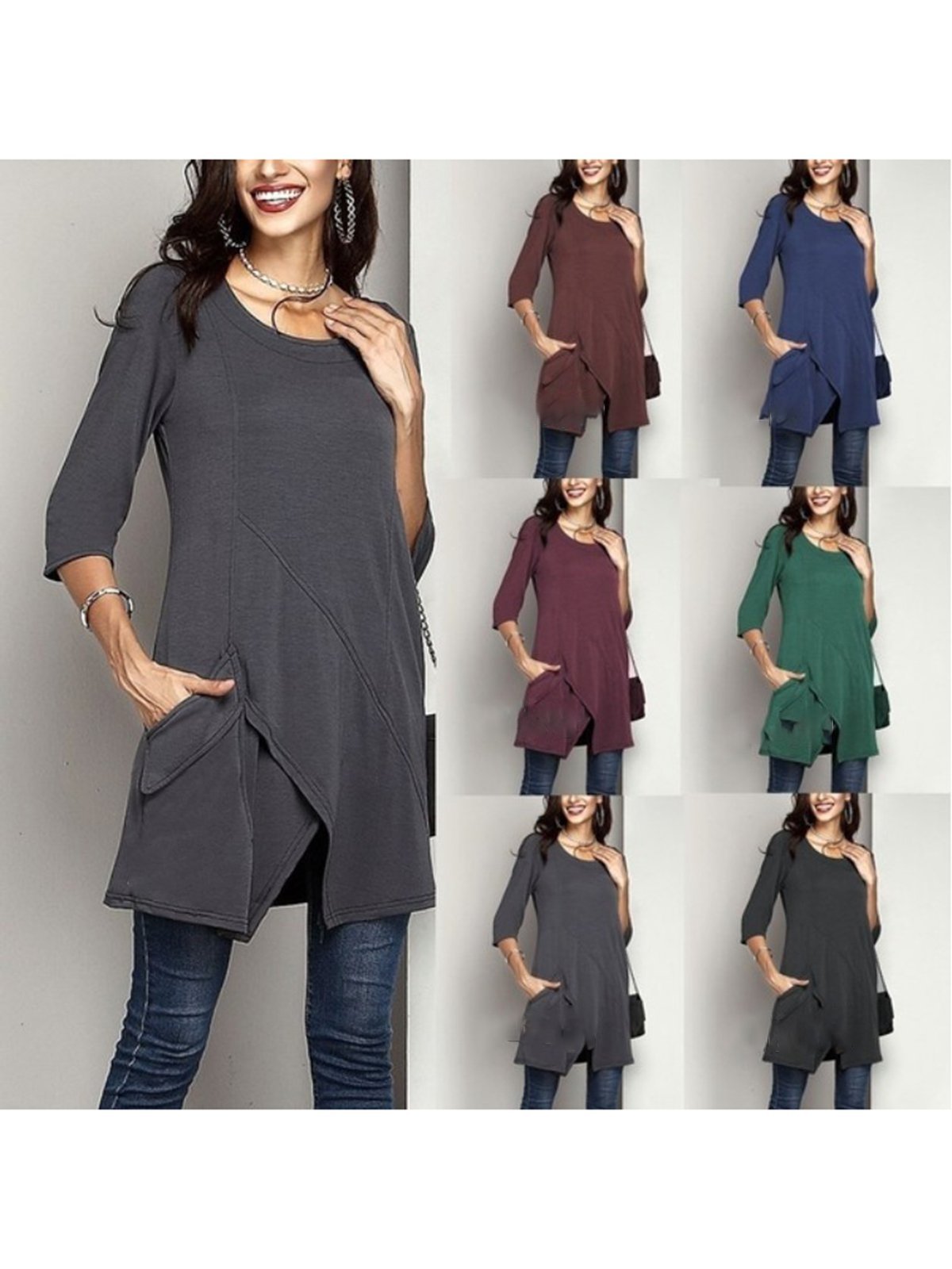 Crew Neck Cotton Casual Solid Pockets T-Shirts