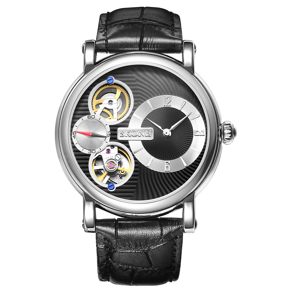 SKONE Dual Movement Automatic Mechanical Watches Men Luxury Brand Genuine Leather Watch Mechanical SelfWind Quartz Reloj Hombre