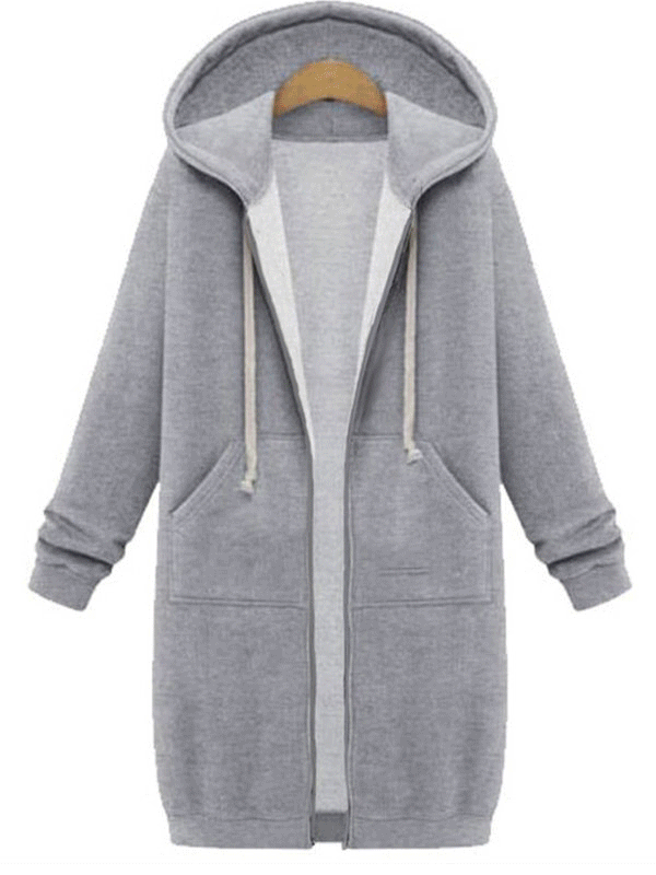 Women Plain Pockets Long Sleeve Plus Size Hoodie Coat