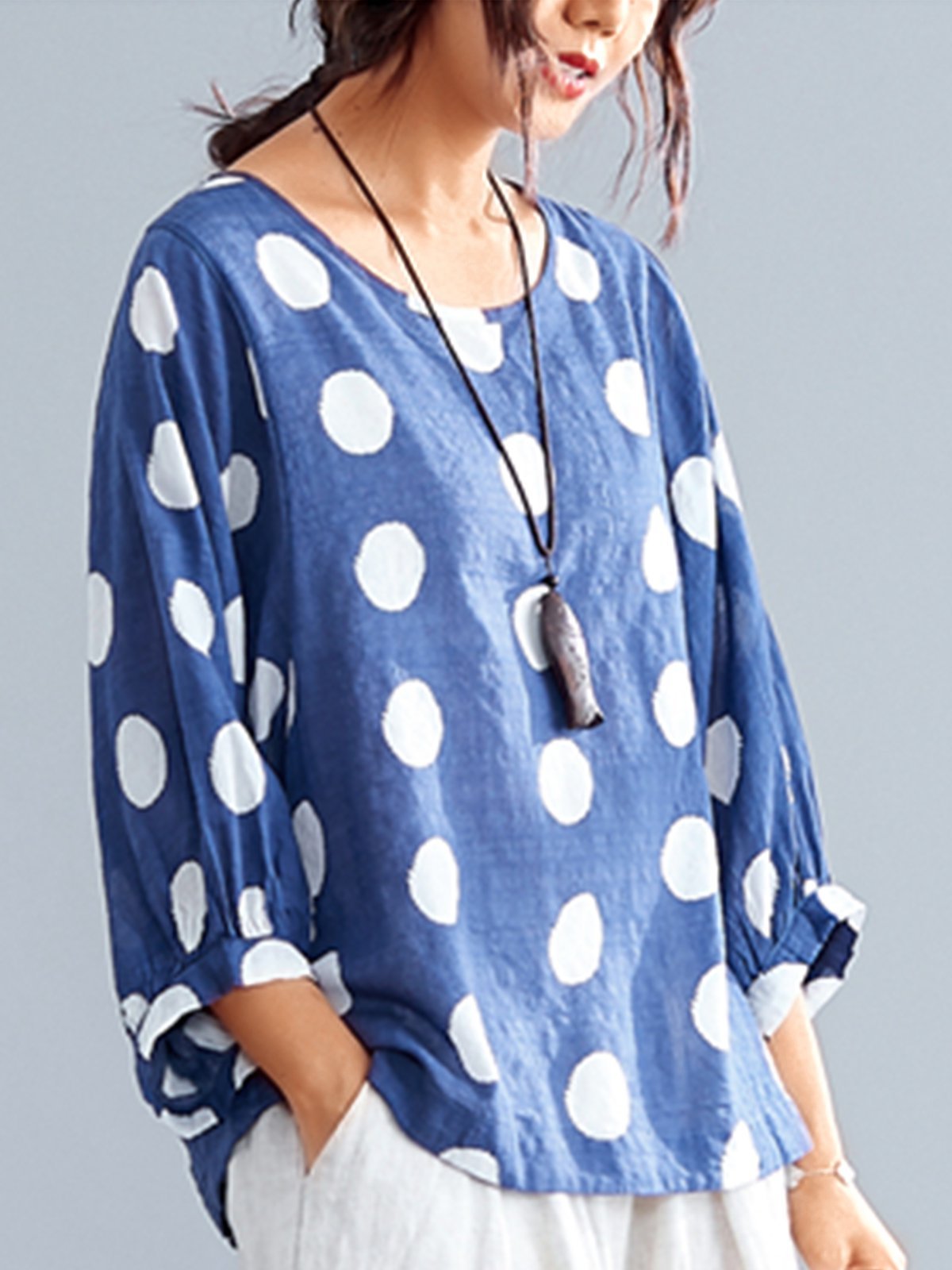 3/4 Sleeve Round Neck Vintage Polka Dots Casual Tops