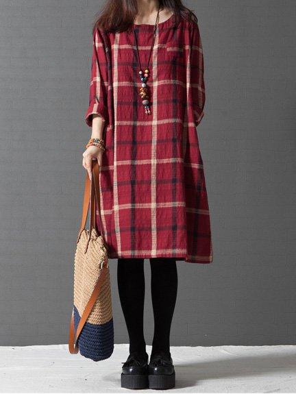 Long Sleeve Women Loose Linen Cotton Plaid Casual Dress