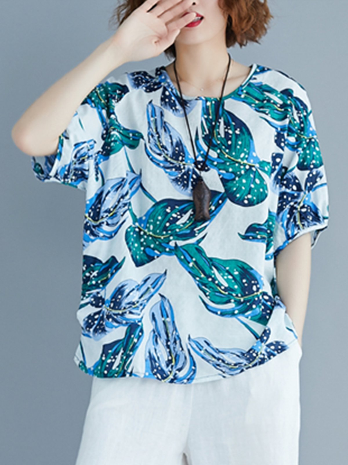 Women Short Sleeve Round Neck Vintage Floral Casual Tops