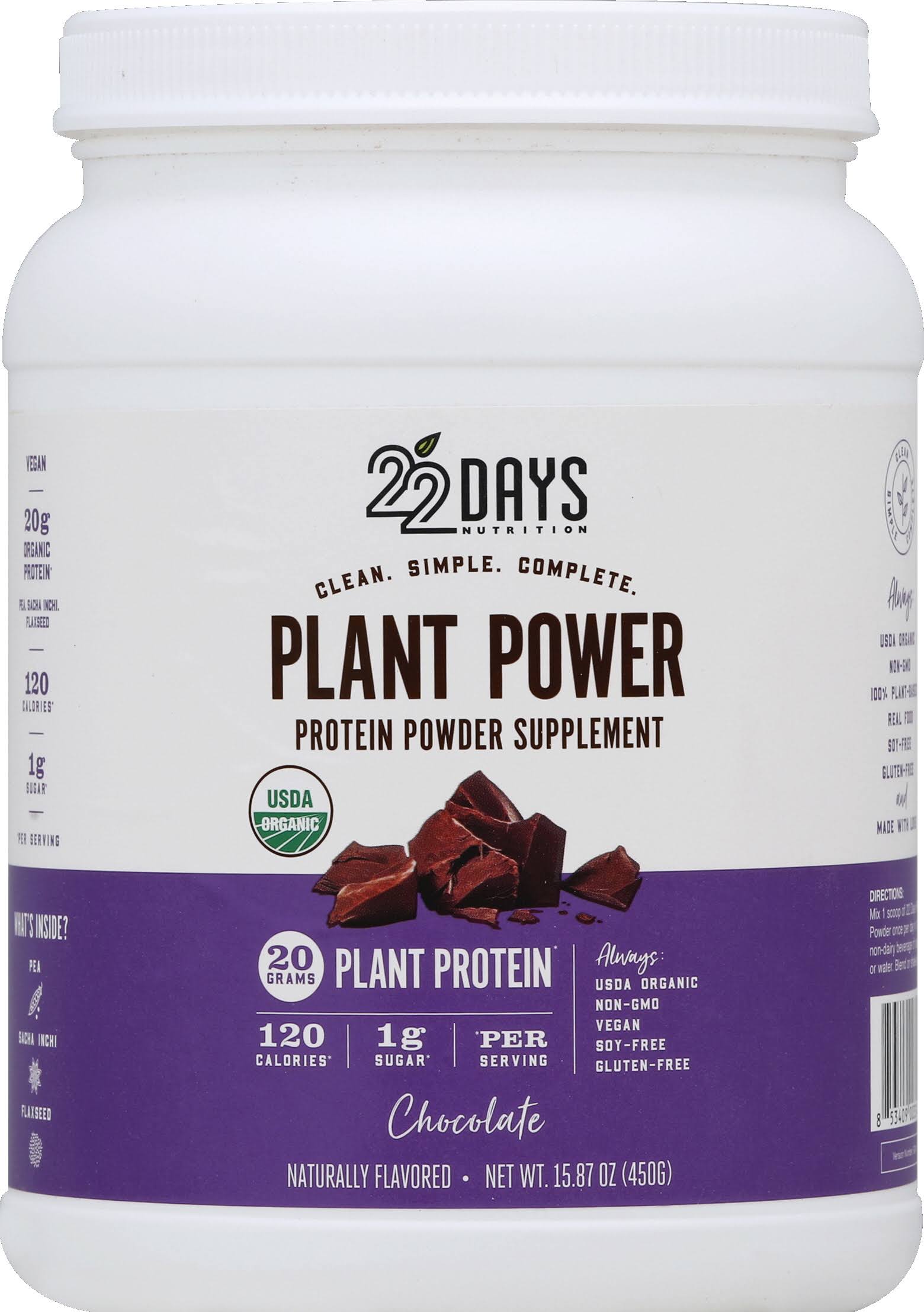 22 Days Protein Powder, Chocolate, Plant Power - 15.87 oz