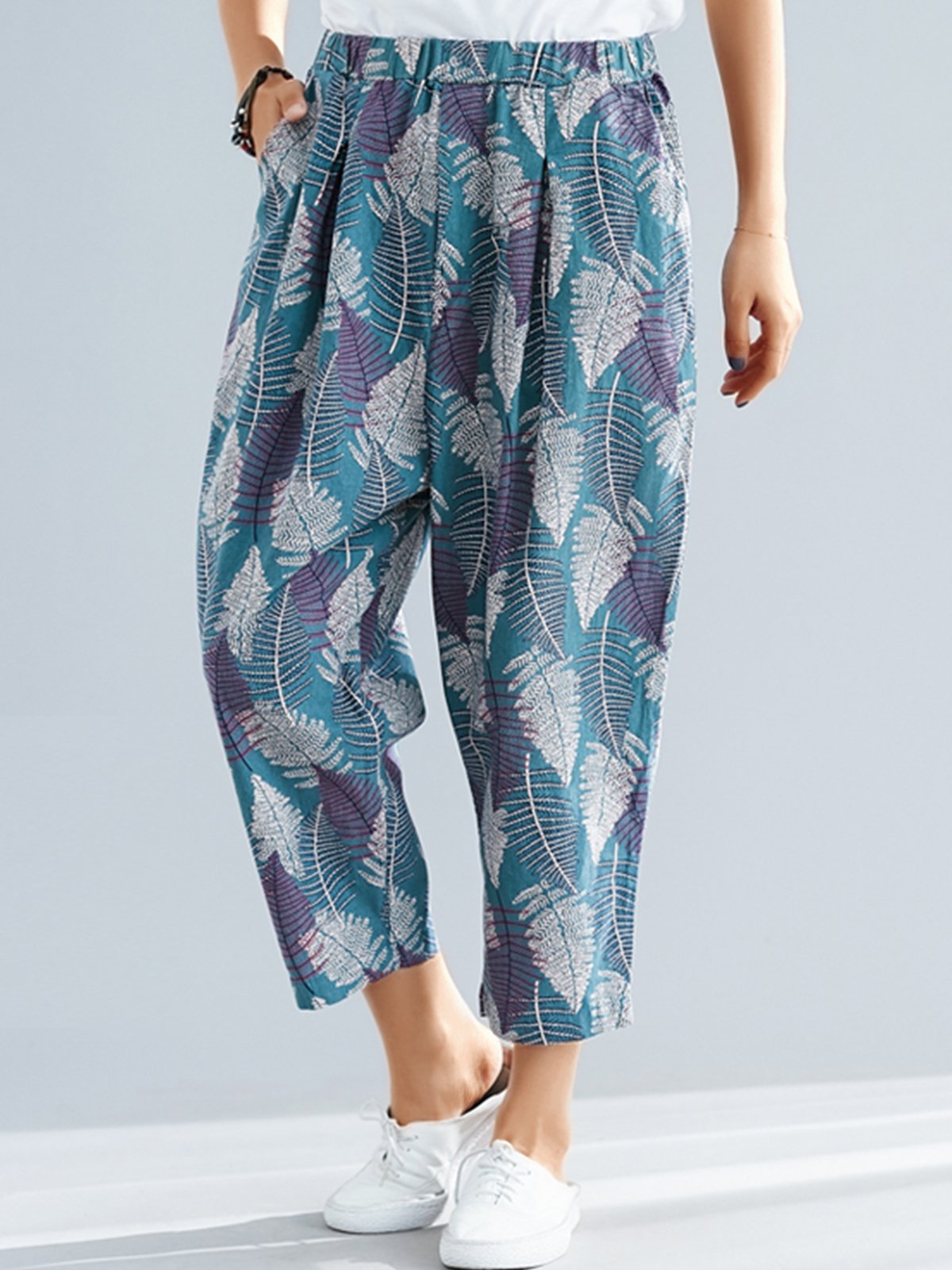 Plus Size Women Floral Casual Pants