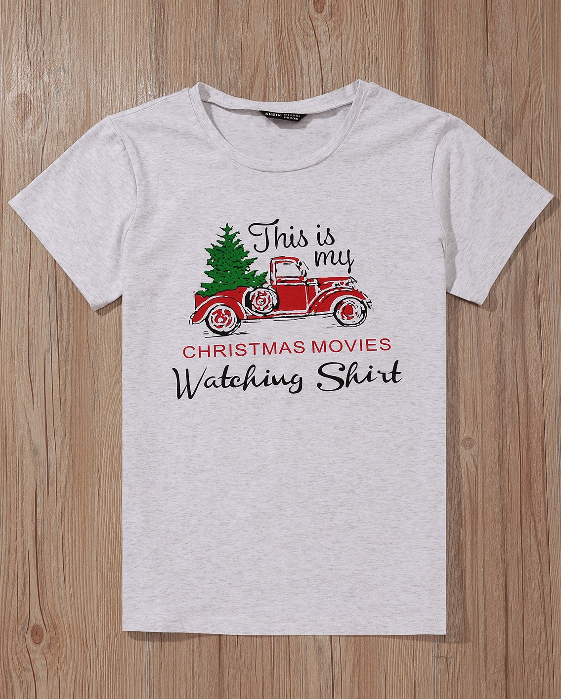 Christmas Print Round Neck Shirt with Short Sleeves